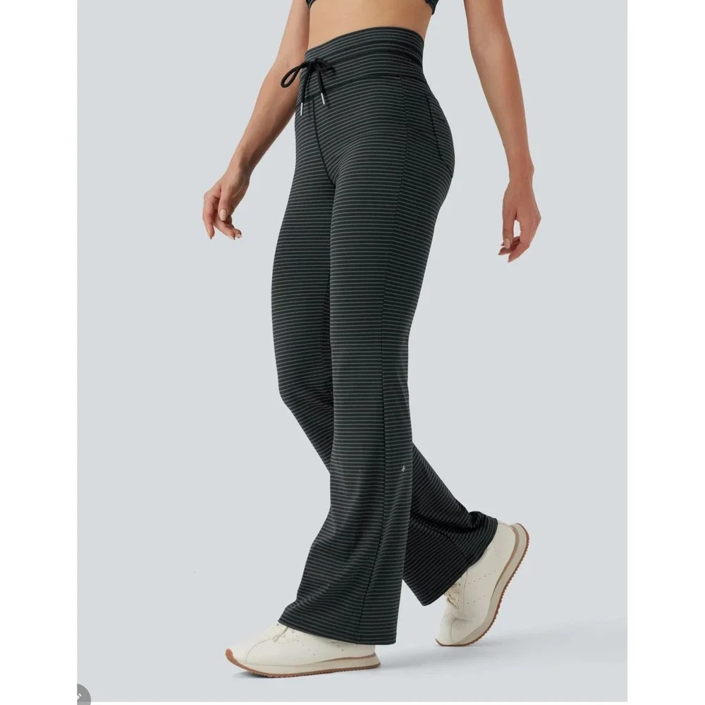 Halara High Yoga Pants XL NEW Waisted Drawstring Stripe Flare Pockets Black Gray